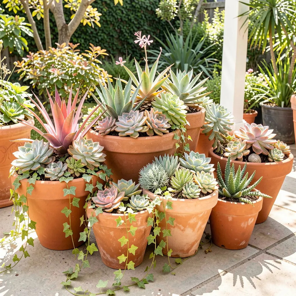 Beautiful container garden setup with various plants